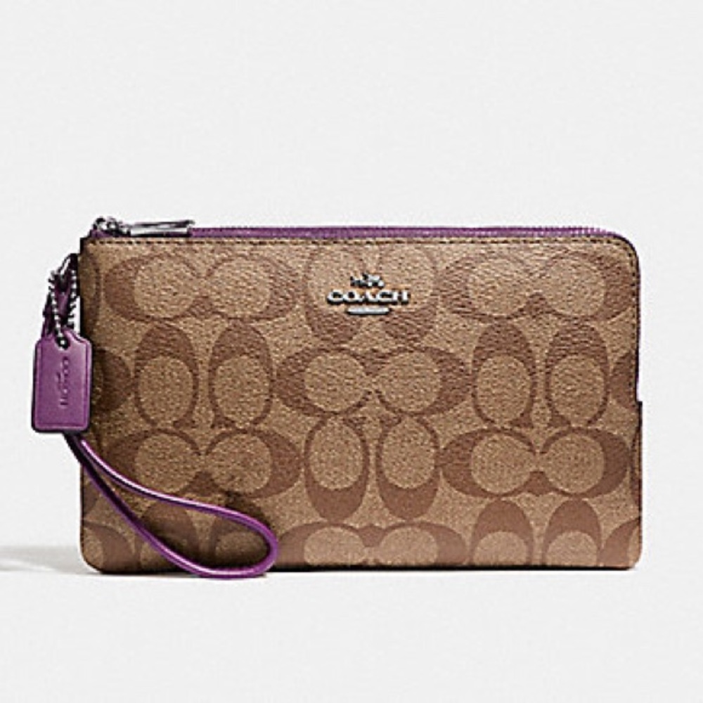 COACH Double Zip Signature wristlet Khaki and Berry purple NWT Retail 175 - Picture 3 of 14